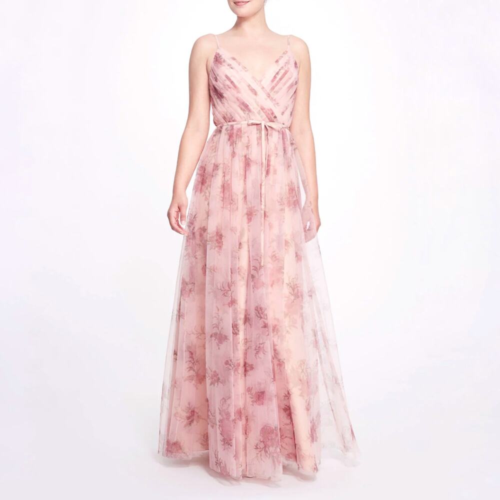 Marchesa Bridesmaid Gown‎ Pink Floral Dress Pleated Tulle Sleeveless V-Neck Sz 6